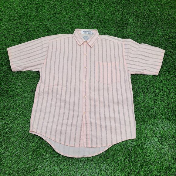 Vintage 90s MOD Striped Baggy Button Shirt Large 23x31 Pink Gray - Picture 1 of 13